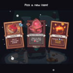 Screenshot of the game Wildfrost showing three item options: Pombomb, Heartmist Station, and Molten Dip.