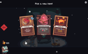 Screenshot of the game Wildfrost showing three item options: Pombomb, Heartmist Station, and Molten Dip.