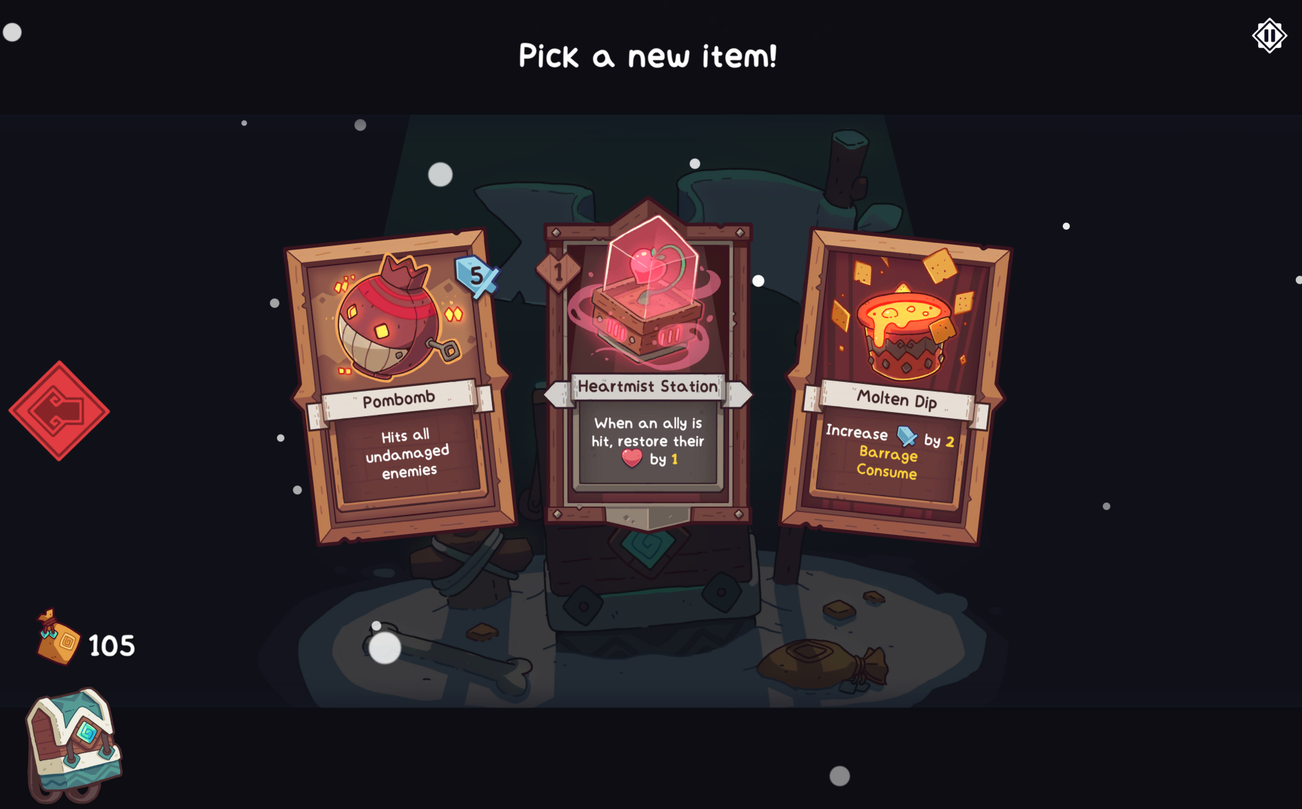 Screenshot of the game Wildfrost showing three item options: Pombomb, Heartmist Station, and Molten Dip.