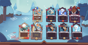Screenshot from the game Wildfrost featuring various character cards in a snowy landscape.