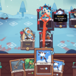 Screenshot of the card-based game Wildfrost, featuring various character cards and a snowy landscape.