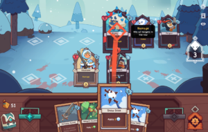 Screenshot of the card-based game Wildfrost, featuring various character cards and a snowy landscape.