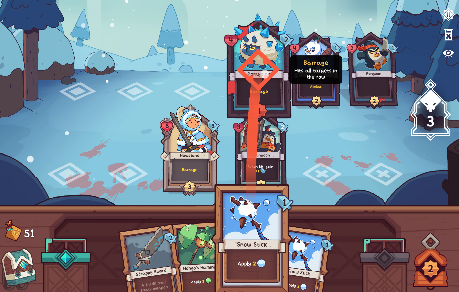 Screenshot of the card-based game Wildfrost, featuring various character cards and a snowy landscape.