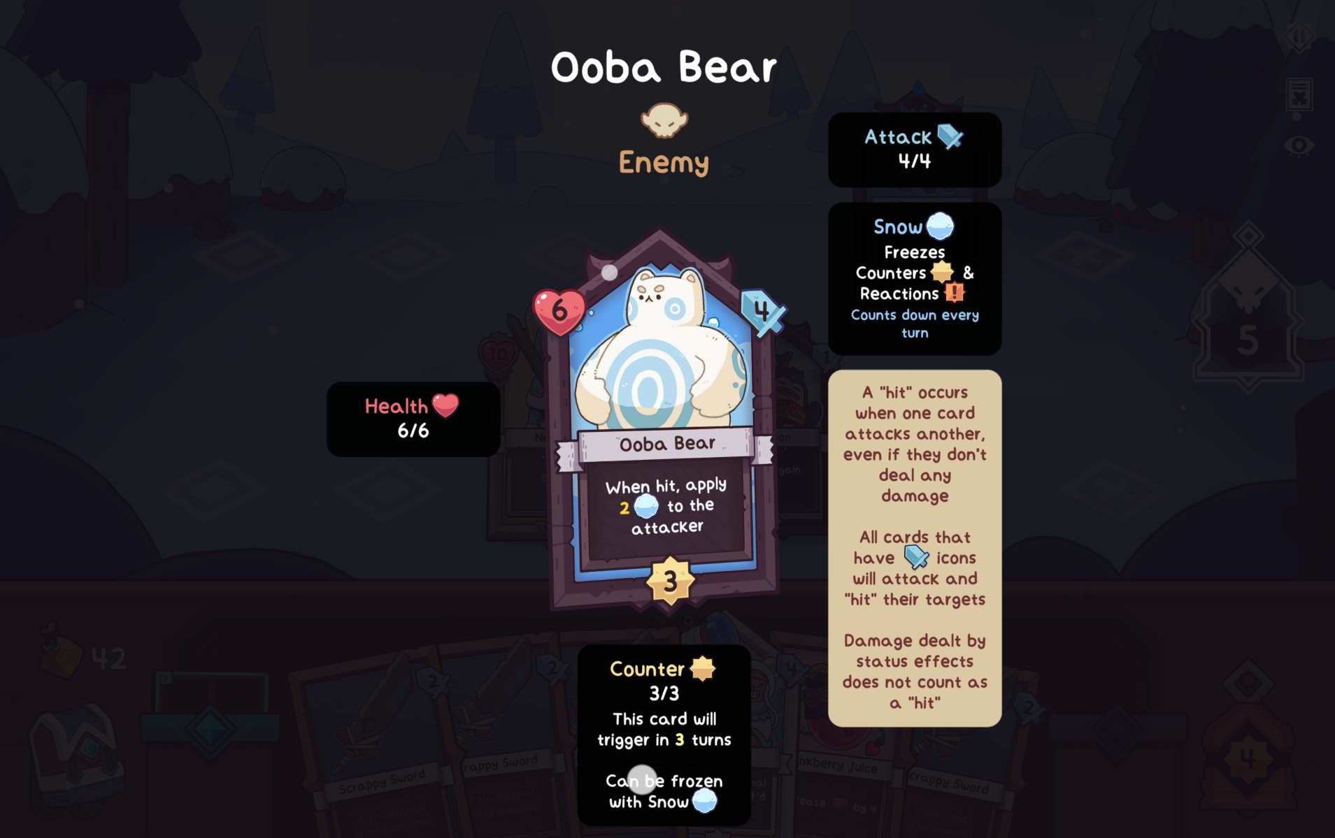 Card display for "Ooba Bear," an enemy with 6 health and various gameplay mechanics in the game Wildfrost.