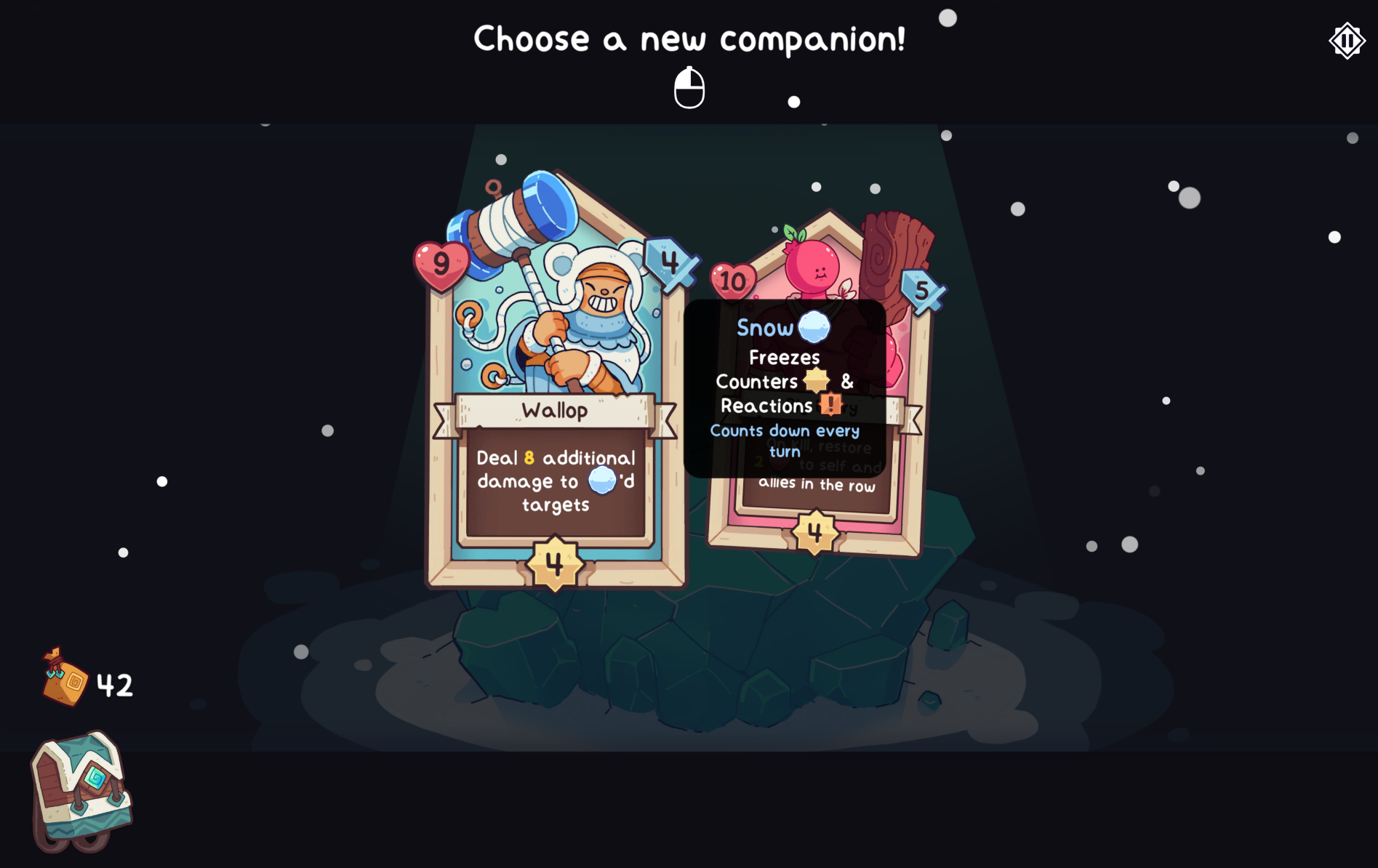 Screenshot from Wildfrost showing two companion cards: "Wallop" and "Snow," with brief descriptions of their abilities.