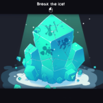 Screenshot from Wildfrost featuring a large ice crystal with playful shadows and a prompt to "Break the ice!" at the top.