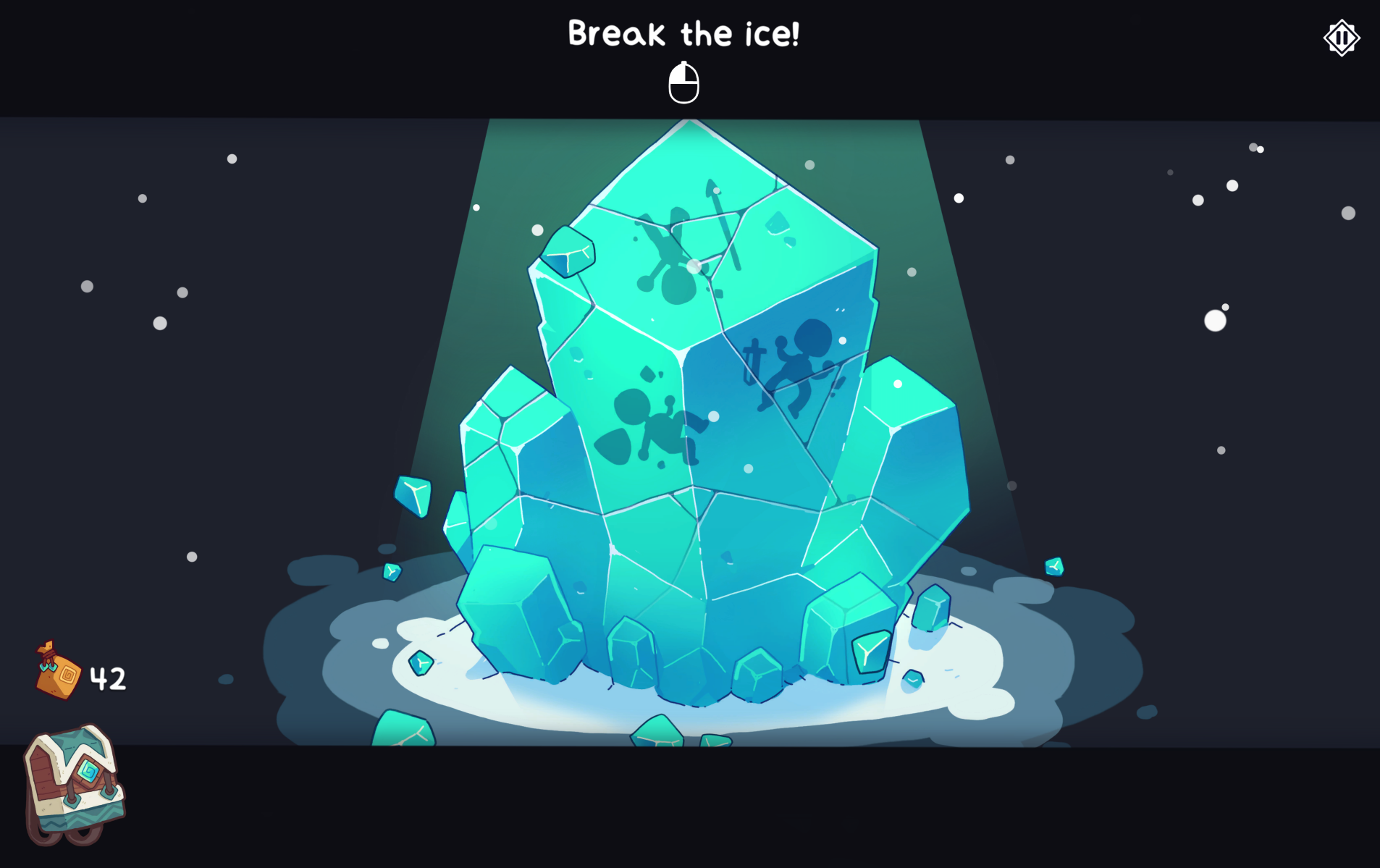 Screenshot from Wildfrost featuring a large ice crystal with playful shadows and a prompt to "Break the ice!" at the top.