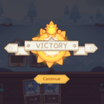 Victory screen from the game Wildfrost, featuring a glowing sun icon and a "Continue" button.