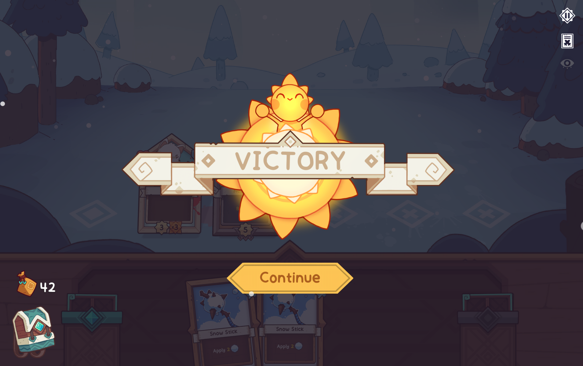 Victory screen from the game Wildfrost, featuring a glowing sun icon and a "Continue" button.