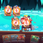 Screenshot from Wildfrost showing various character cards in play on a snowy backdrop.