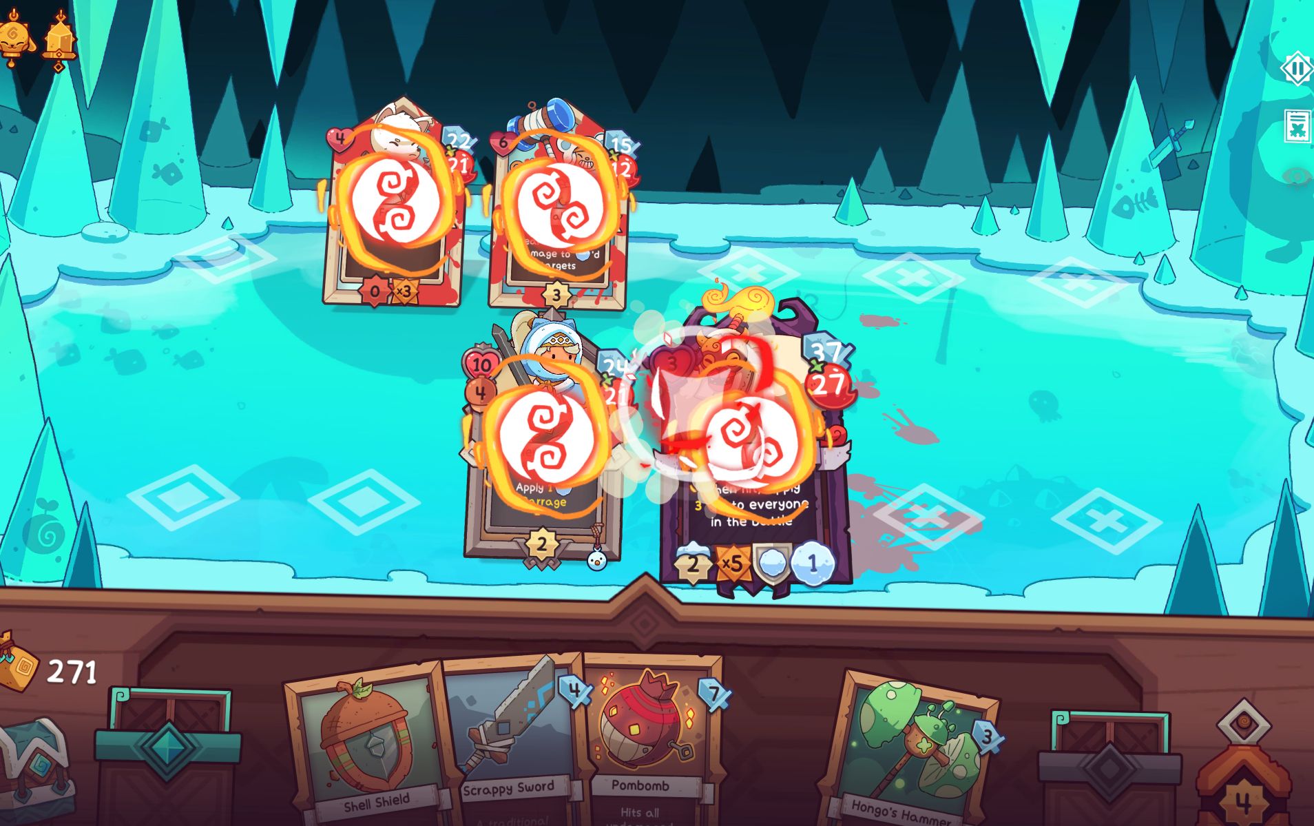 Screenshot from Wildfrost showing various character cards in play on a snowy backdrop.