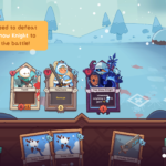 Screenshot from the game Wildfrost showing player cards and an enemy, with a message about defeating The Snow Knight.