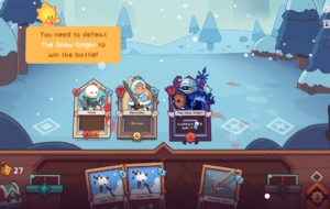 Screenshot from the game Wildfrost showing player cards and an enemy, with a message about defeating The Snow Knight.