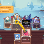 Screenshot from the game Wildfrost, featuring a battle screen with cards and a message instructing the player to defeat the Snow Knight.