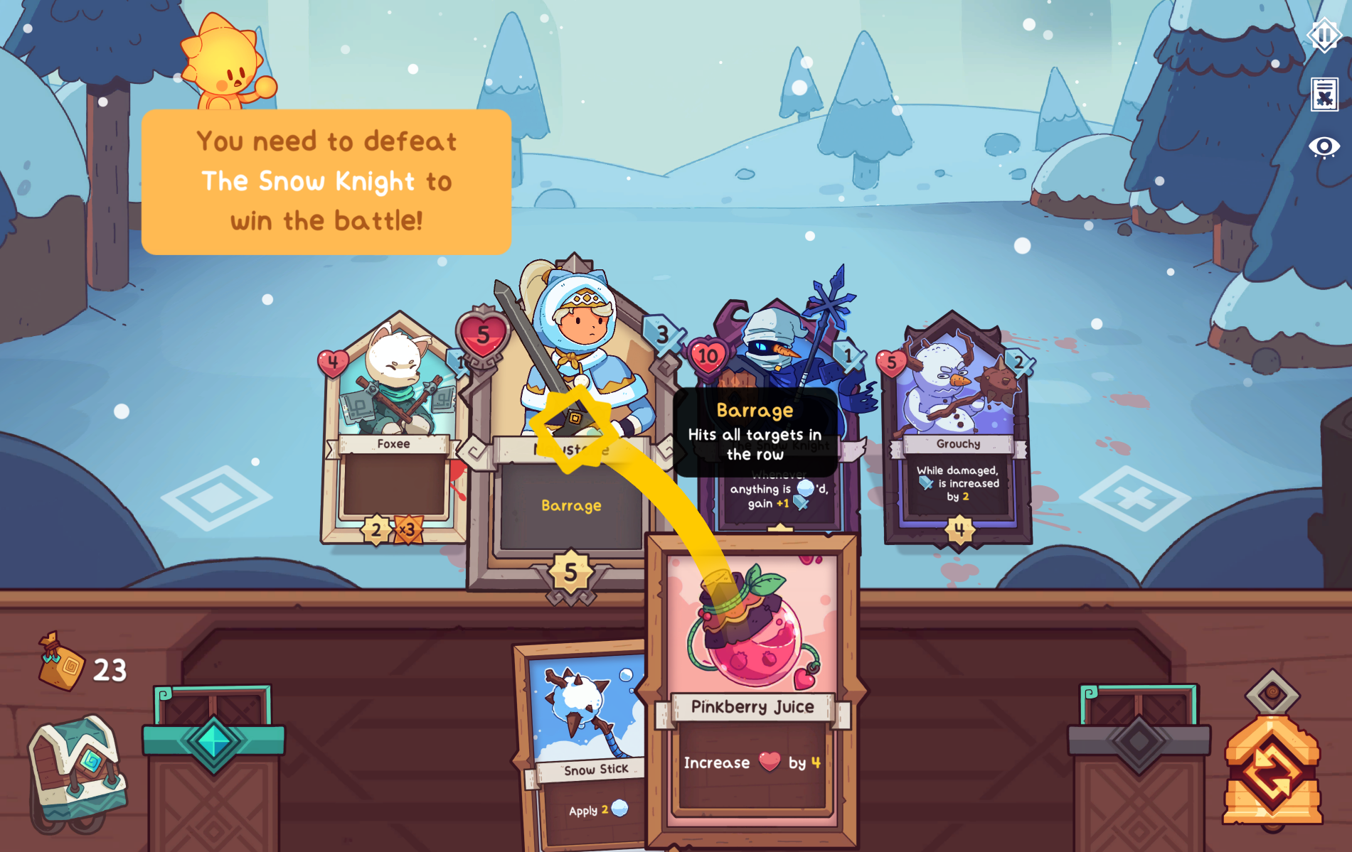 Screenshot from the game Wildfrost, featuring a battle screen with cards and a message instructing the player to defeat the Snow Knight.