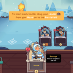 Screenshot of the video game Wildfrost, showing a snowy battlefield with character cards and instructions on starting a battle.