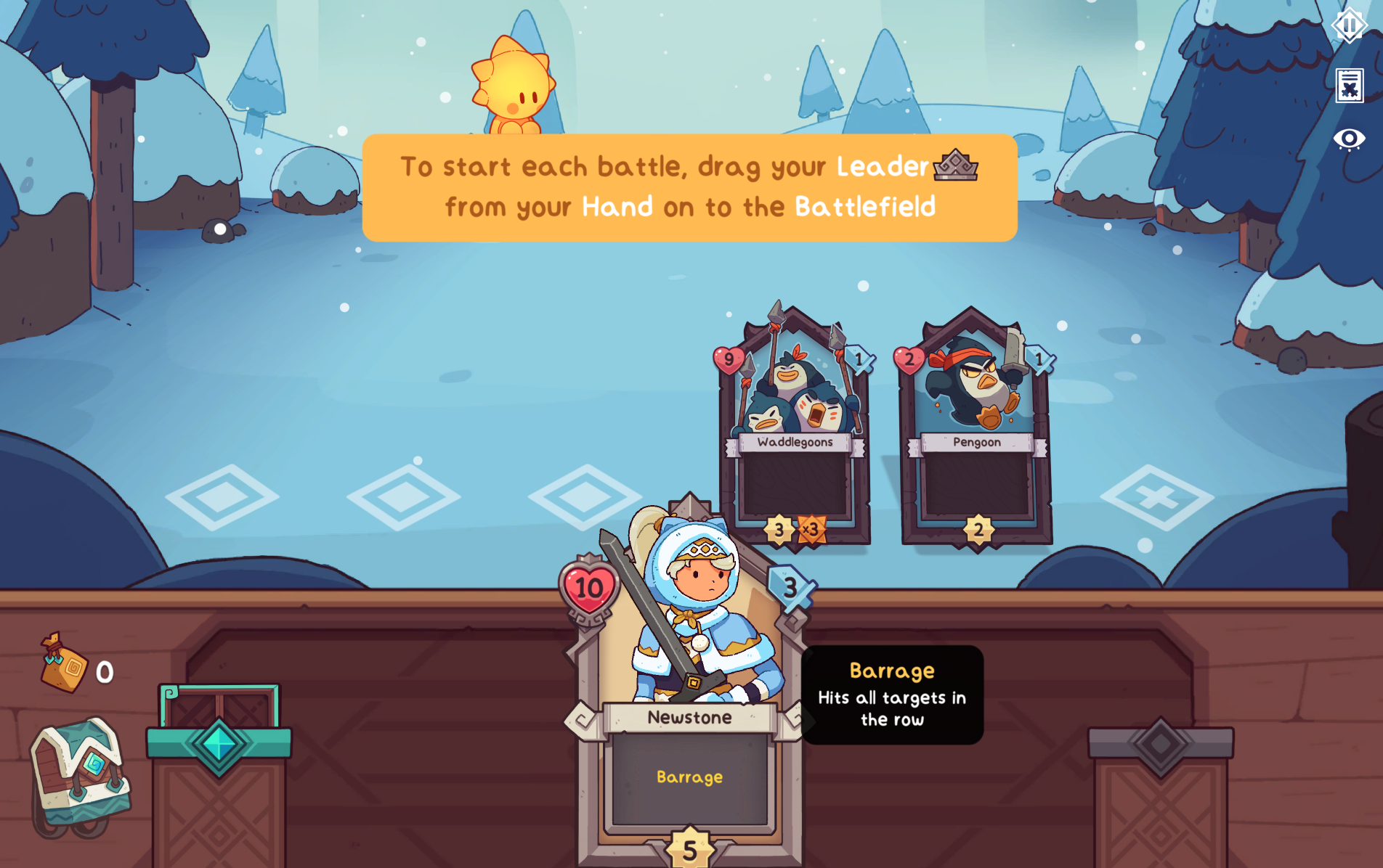 Screenshot of the video game Wildfrost, showing a snowy battlefield with character cards and instructions on starting a battle.