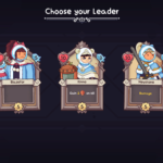 Character selection screen in Wildfrost featuring three leader options: Blazefor, Kinno, and Newstone, each with unique stats.