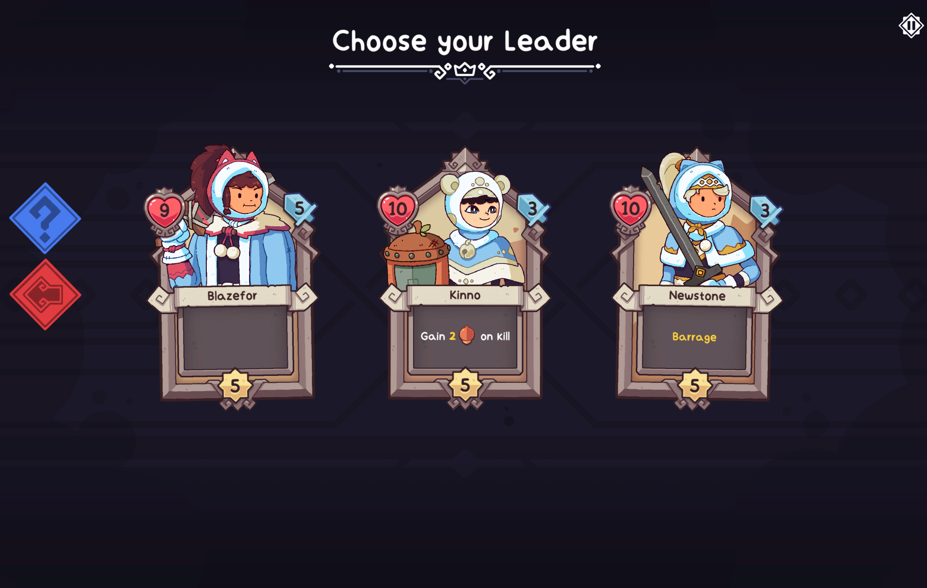 Character selection screen in Wildfrost featuring three leader options: Blazefor, Kinno, and Newstone, each with unique stats.