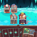 Screenshot from the game Wildfrost showing character cards on an icy battlefield, including Foxee, Walop, Newstone, and King Moko, with various stats and abilities displayed.