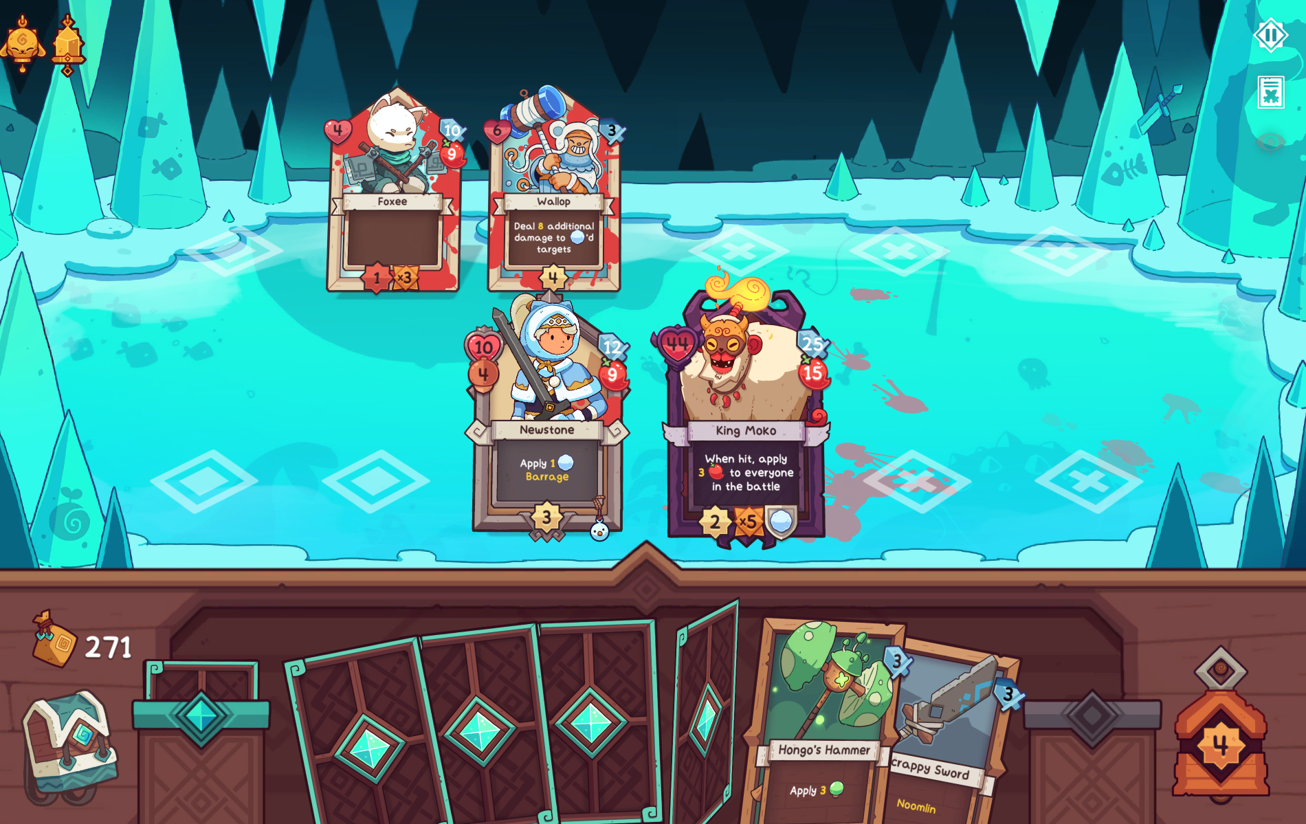 Screenshot from the game Wildfrost showing character cards on an icy battlefield, including Foxee, Walop, Newstone, and King Moko, with various stats and abilities displayed.