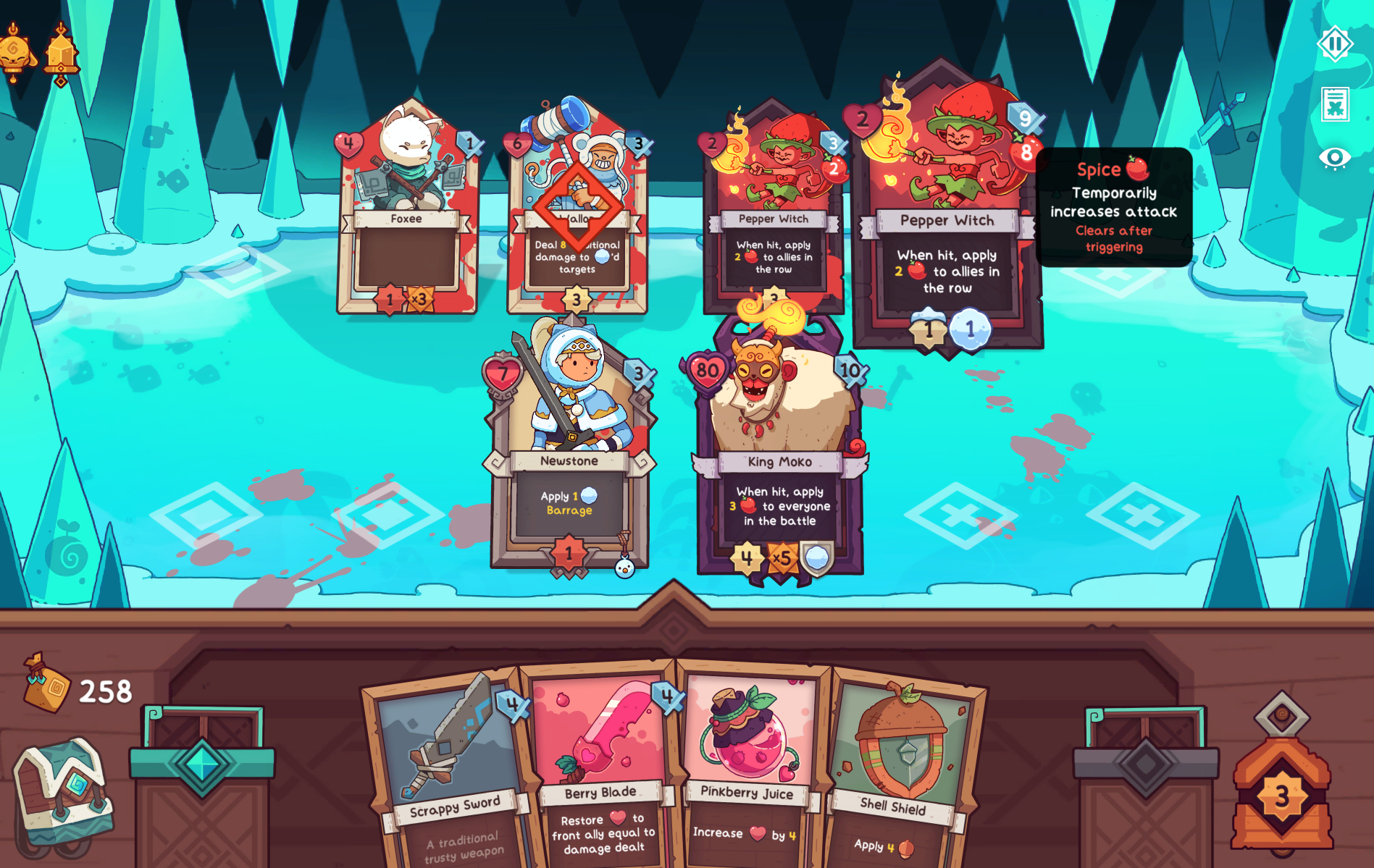 Screenshot of a game interface from Wildfrost, displaying character cards and abilities on an icy background.