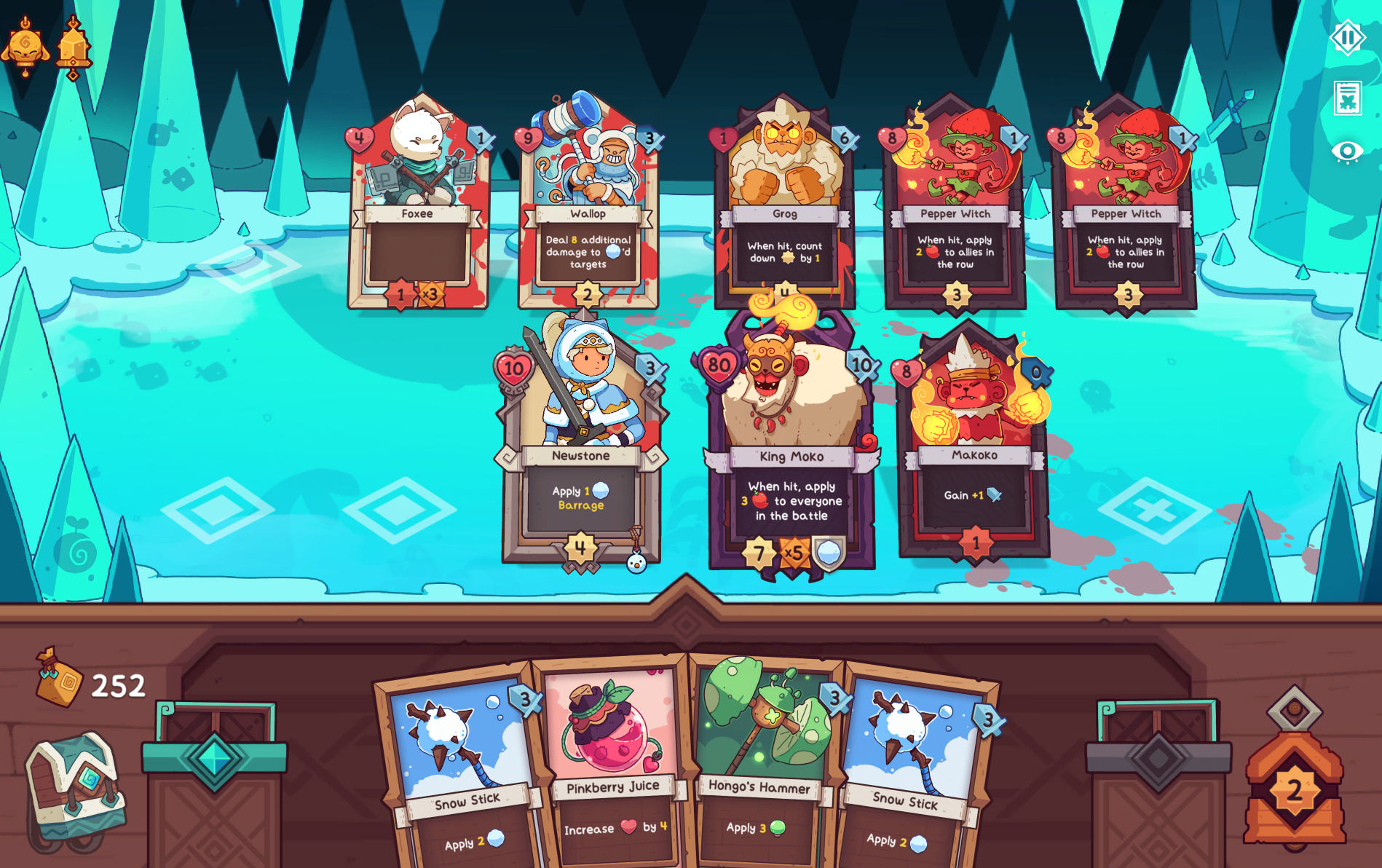 A screenshot from the game Wildfrost, displaying various character cards and abilities in a colorful, icy environment.