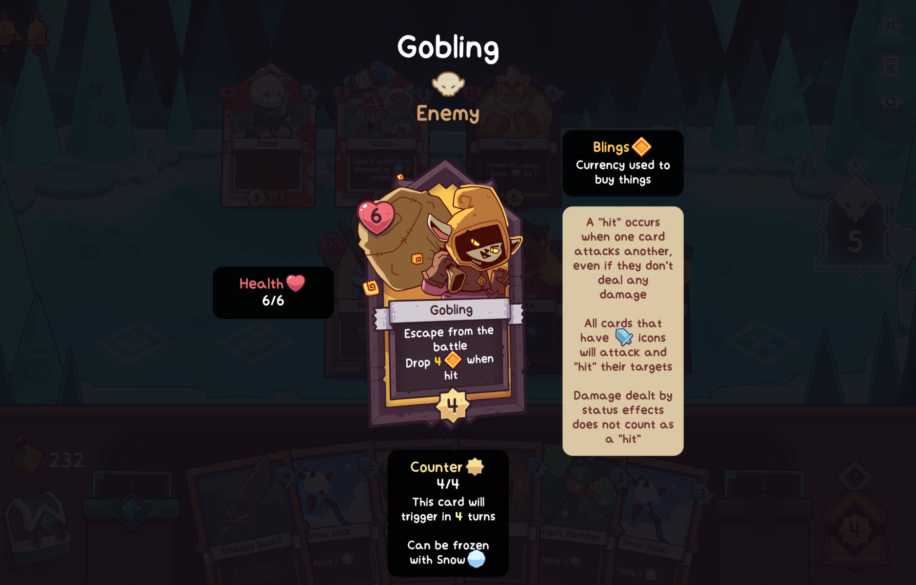 Screenshot from Wildfrost showing the enemy Gobling card, detailing its health, abilities, and game mechanics.