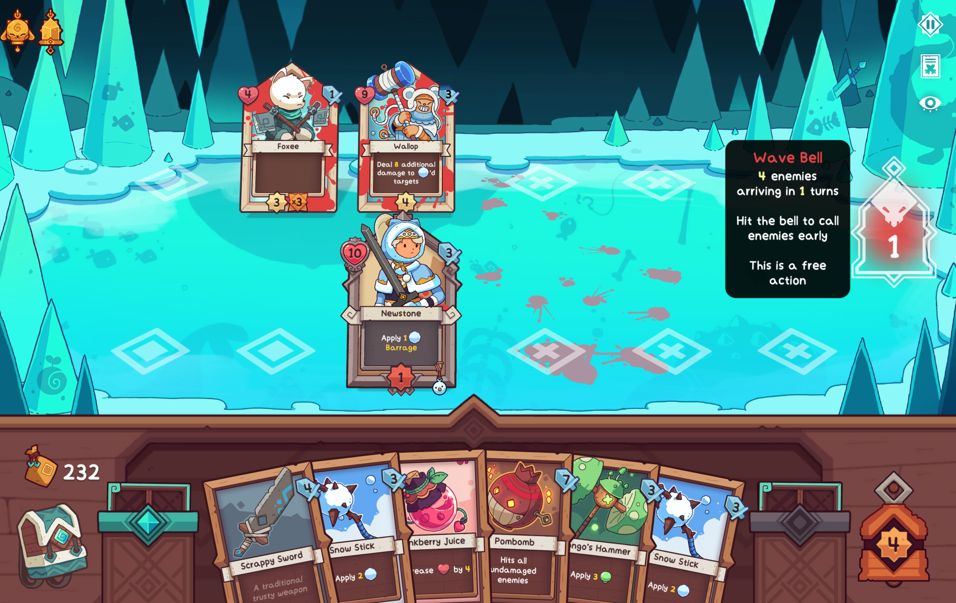 Screenshot from the game Wildfrost, featuring character cards and a UI guide about calling enemies using the Wave Bell.