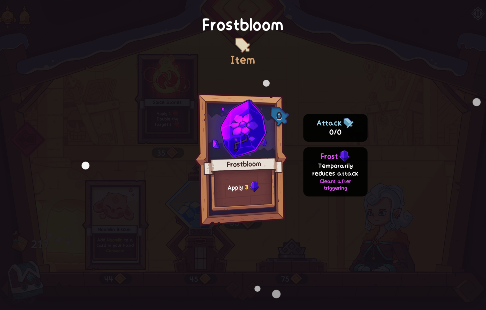 Screenshot of the item "Frostbloom" in Wildfrost, displaying its effects and attributes.