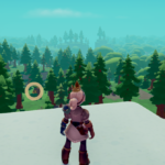 A character with a crown stands on a cliff, looking out over a lush forest in a colorful game environment.