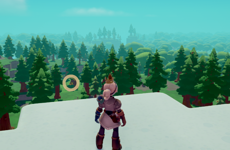 A character with a crown stands on a cliff, looking out over a lush forest in a colorful game environment.