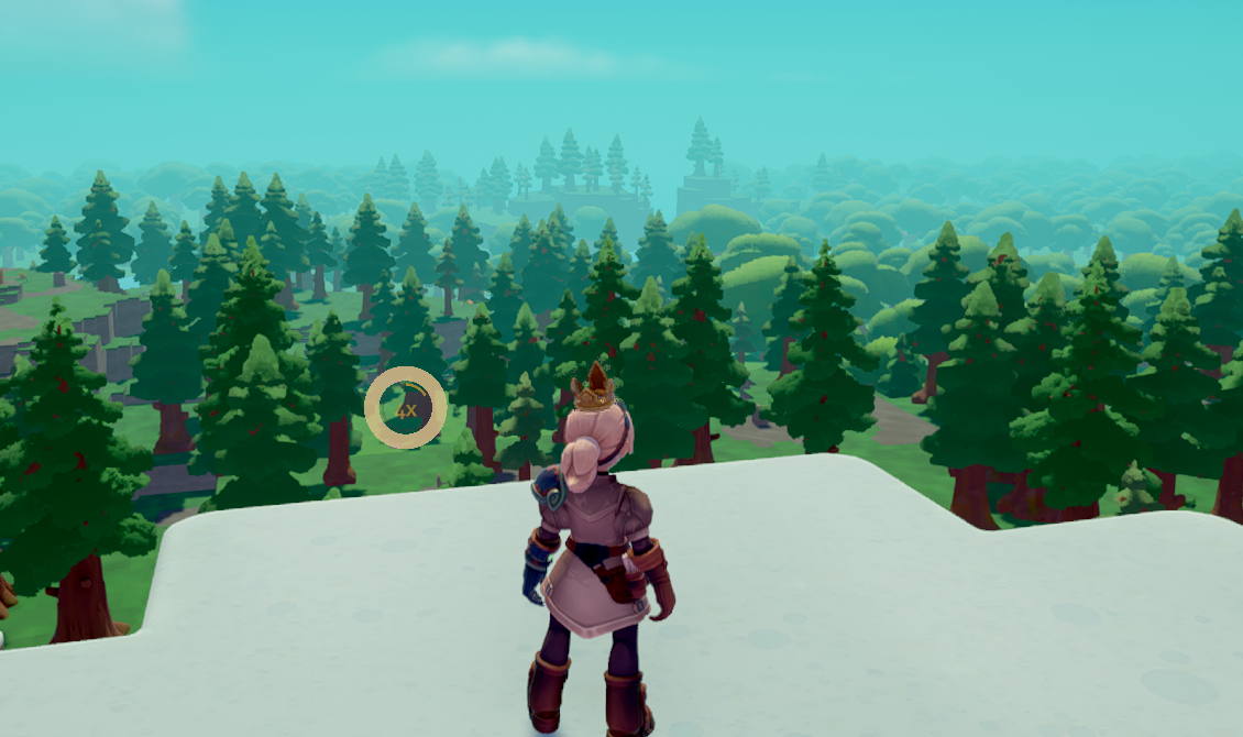 A character with a crown stands on a cliff, looking out over a lush forest in a colorful game environment.