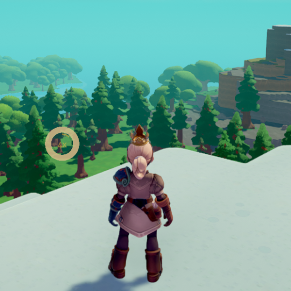 A character stands on a snowy ledge, overlooking a lush forest and a distant rocky structure in the video game Overthrown.