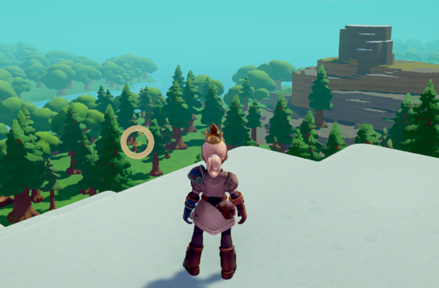 A character stands on a snowy ledge, overlooking a lush forest and a distant rocky structure in the video game Overthrown.