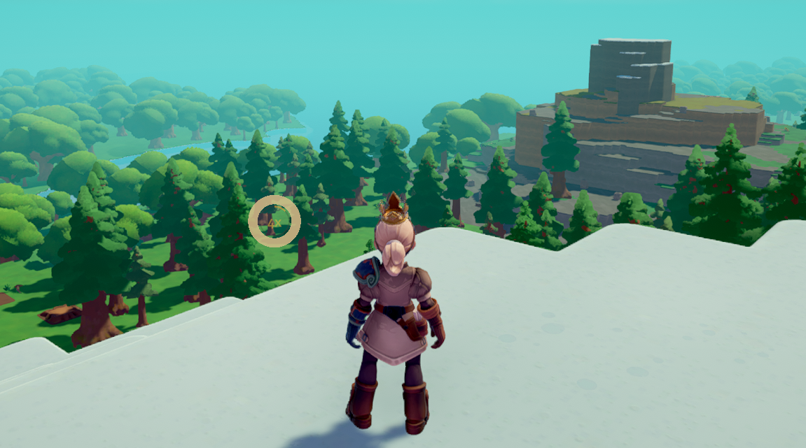 A character stands on a snowy ledge, overlooking a lush forest and a distant rocky structure in the video game Overthrown.