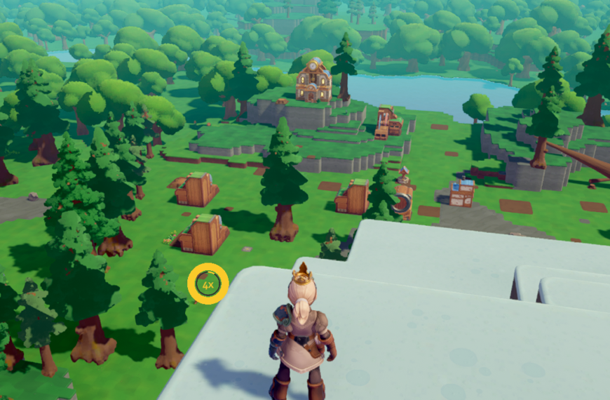 A character overlooking a stylized, colorful game landscape featuring trees, buildings, and a body of water.