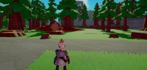 A character stands on a grassy path surrounded by tall trees in a video game setting.