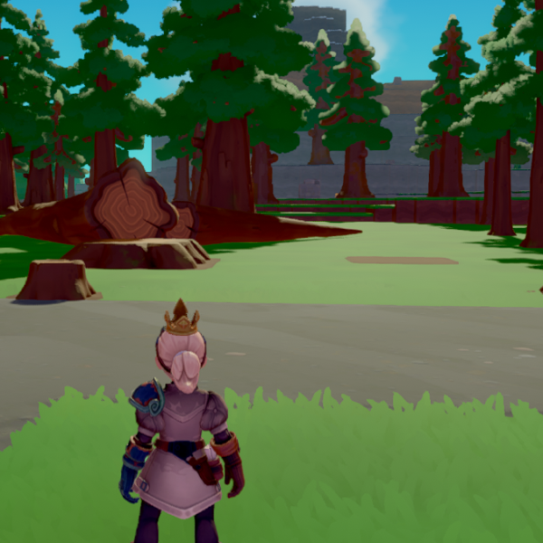 A character stands on a grassy path surrounded by tall trees in a video game setting.