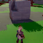 A character stands in a grassy area near a large stone block and a fallen log.