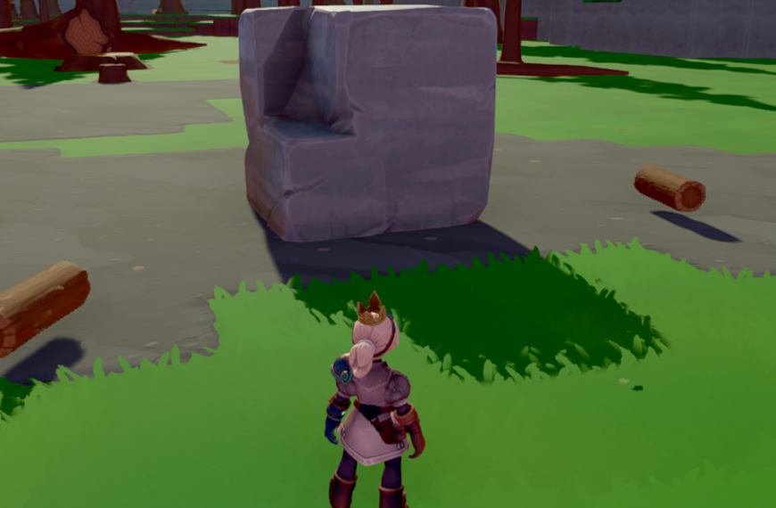 A character stands in a grassy area near a large stone block and a fallen log.