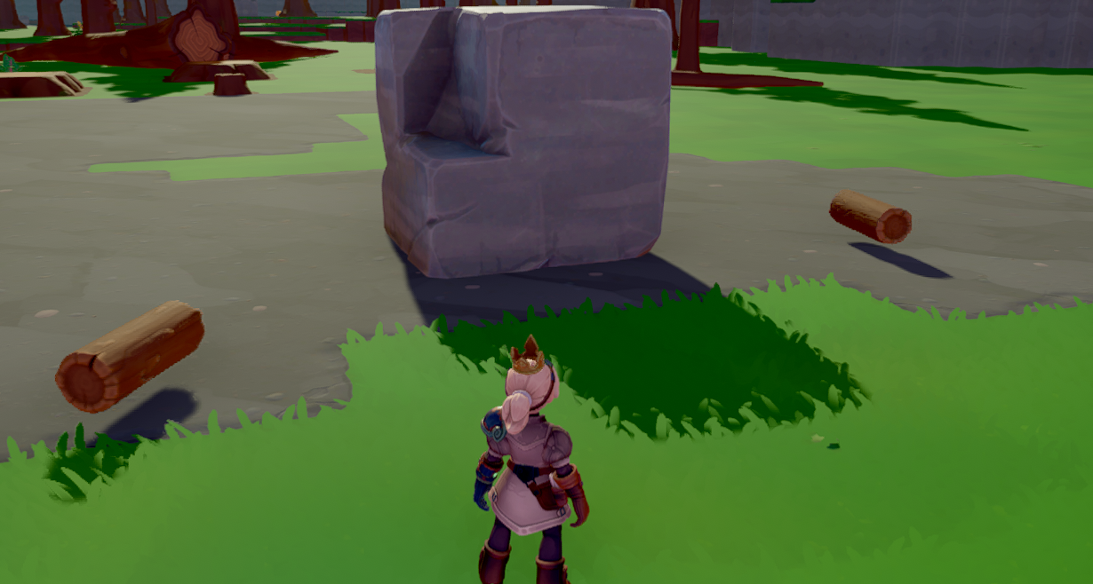 A character stands in a grassy area near a large stone block and a fallen log.