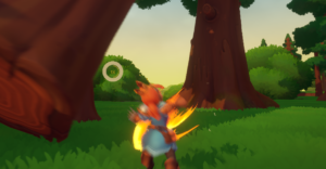 A character with fiery effects stands in a green field, facing a large tree, with a circular UI element displaying "1X" nearby.