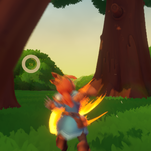 A character with fiery effects stands in a green field, facing a large tree, with a circular UI element displaying "1X" nearby.