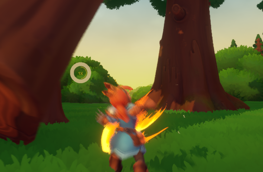 A character with fiery effects stands in a green field, facing a large tree, with a circular UI element displaying "1X" nearby.