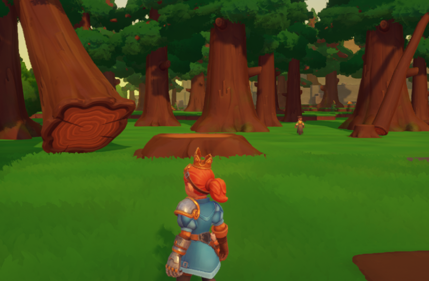 A character in a blue outfit stands in a grassy forest among tall trees, with another character visible in the background.