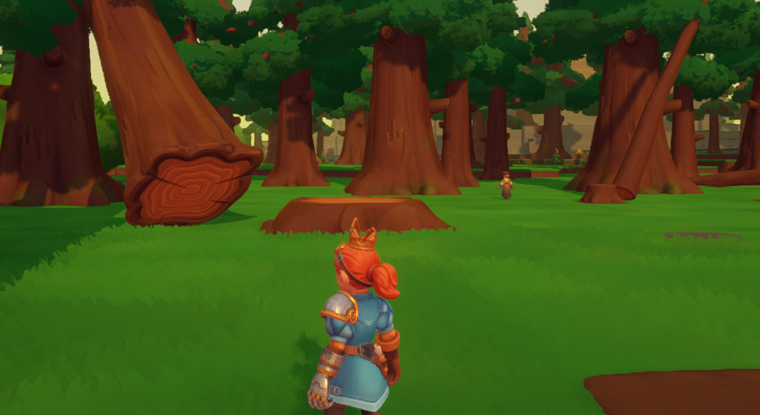 A character in a blue outfit stands in a grassy forest among tall trees, with another character visible in the background.