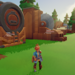 A character stands in a grassy area near wooden structures labeled "Pantry" and "Sawmill" in the game Overthrown.