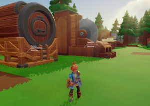 A character stands in a grassy area near wooden structures labeled "Pantry" and "Sawmill" in the game Overthrown.