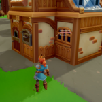 A character stands in front of a wooden townhouse in a video game environment.